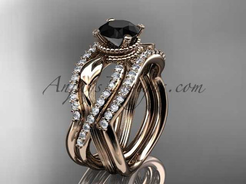 14kt rose gold flower double wedding band with a Black Diamond center stone engagement ring ADLR70S