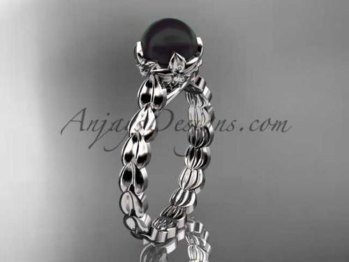 Platinum diamond leaf and floral round tahitian black cultured pearl engagement ring ABP35