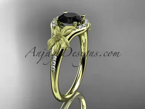 14kt yellow gold diamond leaf and vine wedding ring, engagement ring with a Black Diamond center stone ADLR91