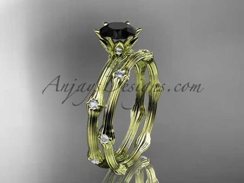 14k yellow gold diamond vine wedding ring set with a Black Diamond center stone ADLR38S