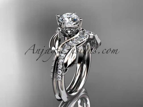Unique 14k white gold diamond leaf wedding ring, engagement set with a "Forever One" Moissanite center stone ADLR225S