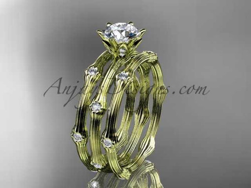 14k yellow gold diamond vine double band wedding set with a "Forever One" Moissanite center stone ADLR38S