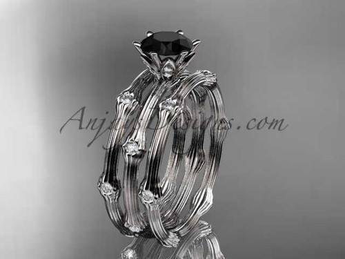 Platinum diamond vine double band wedding set with a Black Diamond center stone ADLR38S