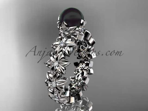 14k white gold diamond round tahitian black cultured pearl flower engagement ring ABP57
