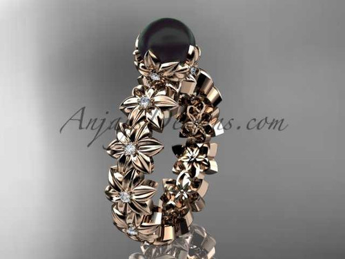 14k rose gold diamond round tahitian black cultured pearl flower engagement ring ABP57