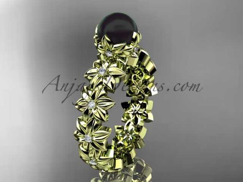14k yellow gold diamond round tahitian black cultured pearl flower engagement ring ABP57