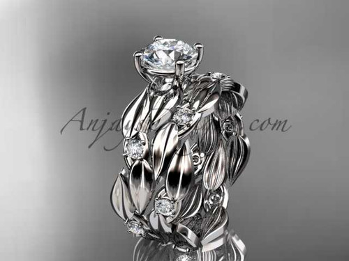 Platinum diamond leaf wedding set with a "Forever One" Moissanite center stone ADLR58S
