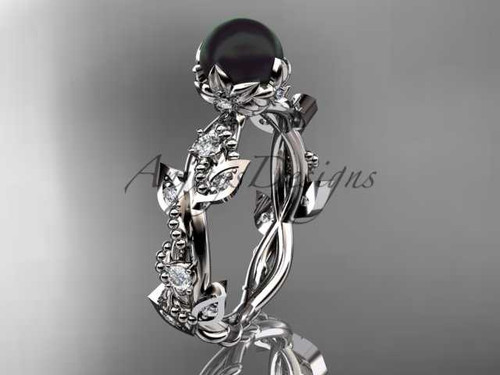 14k white gold diamond black cultured pearl leaf engagement ring ABP59