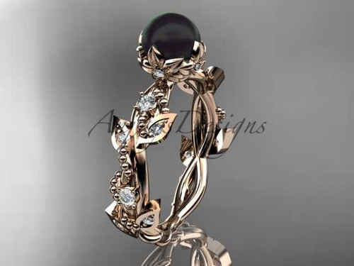 14k rose gold diamond black cultured pearl leaf engagement ring ABP59