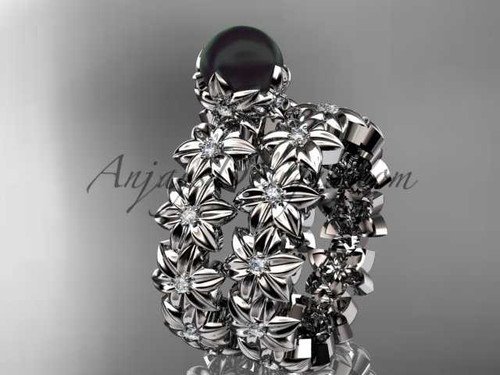 Platinum diamond round tahitian black cultured pearl flower engagement set ABP57S