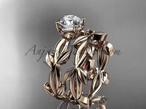 unique 14k rose gold leaf and vine wedding set with a "Forever One" Moissanite center stone ADLR522S
