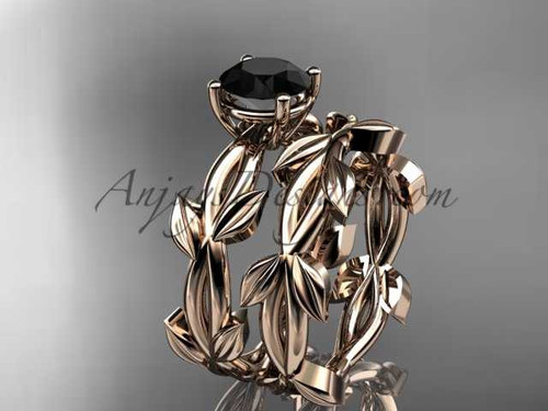 unique 14k rose gold leaf and vine wedding set with a Black Diamond center stone ADLR522S