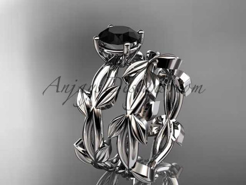 unique Platinum leaf and vine wedding set with a Black Diamond center stone ADLR522S