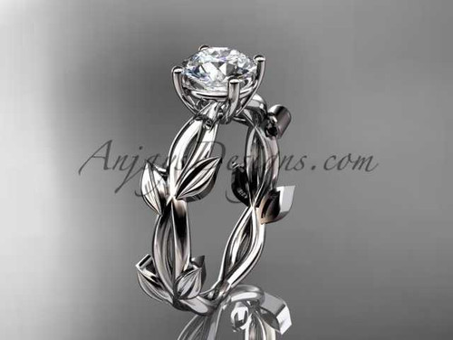 unique 14k white gold vine and leaf engagement ring with a "Forever One" Moissanite center stone ADLR522