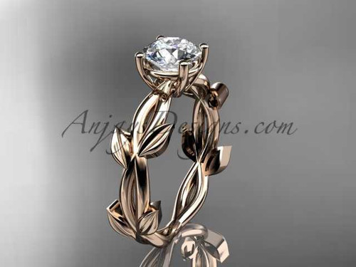 unique 14k rose gold vine and leaf engagement ring with a "Forever One" Moissanite center stone ADLR522