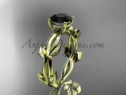 unique 14k yellow gold vine and leaf engagement ring with a Black Diamond center stone ADLR522
