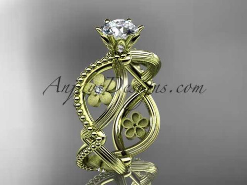 14kt yellow gold diamond floral wedding ring, engagement ring with a "Forever One" Moissanite center stone ADLR192