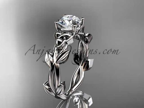 Celtic knot 14kt white gold leaf engagement ring with a "Forever One" Moissanite center stone CT7522