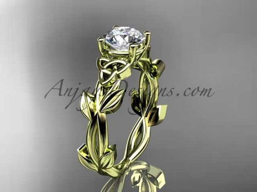Celtic knot 14kt yellow gold leaf engagement ring with a "Forever One" Moissanite center stone CT7522