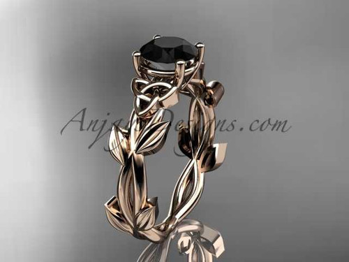 Celtic knot 14kt rose gold leaf engagement ring with a Black Diamond center stone CT7522