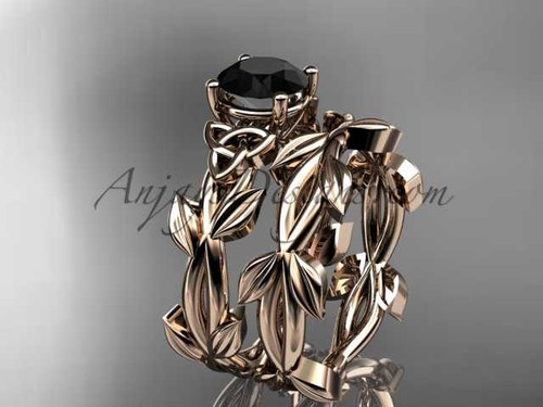 Celtic knot 14kt rose gold leaf wedding ring set with a Black Diamond center stone CT7522S