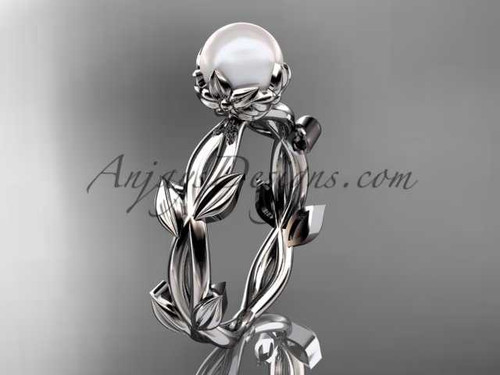 Pearl leaf and flower engagement 14kt white gold ring without diamonds AP522