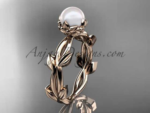 Pearl leaf and flower engagement 14kt rose gold ring without diamonds AP522
