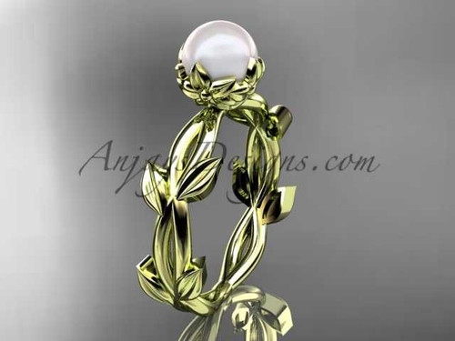 Pearl leaf and flower engagement 14kt yellow gold ring without diamonds AP522