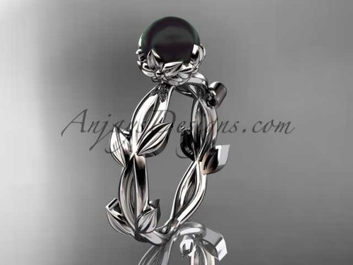 Black Pearl flower engagement Platinum ring without diamonds ABP522