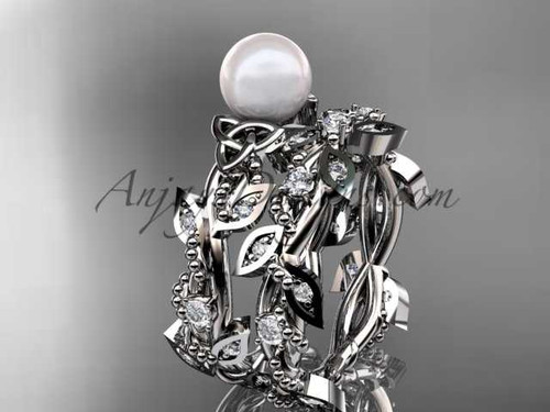 Celtic triquetra knot 14kt white gold diamond pearl vine and leaf wedding set CTP759S