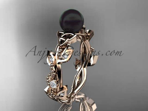 Celtic triquetra knot 14kt rose gold diamond black cultured pearl leaf wedding ring CTBP759