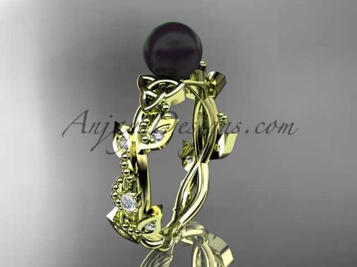Celtic triquetra knot 14kt yellow gold diamond black cultured pearl leaf wedding ring CTBP759