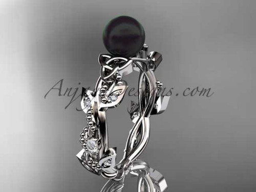 Celtic triquetra knot Platinum diamond black cultured pearl leaf wedding ring CTBP759