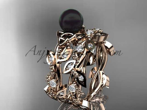 Celtic triquetra knot 14kt rose gold diamond round black cultured pearl leaf wedding ring set CTBP759S