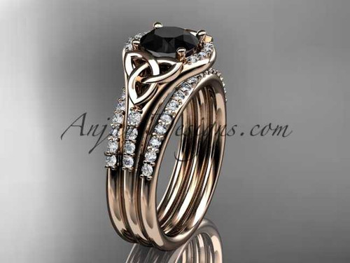 Flawless Double Matching Band Wedding Set, 14kt Rose Gold Black Diamond Celtic Engagement Ring, Dimond Wedding Band CT7126S