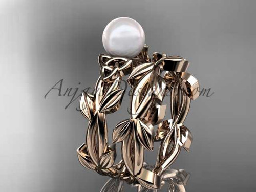 Celtic 14kt rose gold pearl leaves bridal ring set CTP7522S