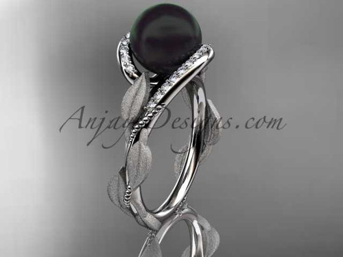 Black pearl engagement rings 14kt white gold diamond leaf wedding ring ABP64