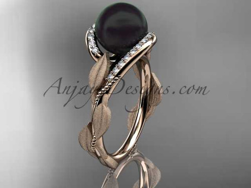 Black pearl engagement rings 14kt rose gold diamond leaf wedding ring ABP64