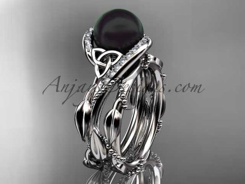 Celtic 14kt white gold ring diamond black pearl engagement set for her CTBP764S