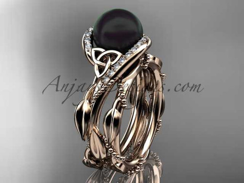 Celtic 14kt rose gold ring diamond black pearl engagement set for her CTBP764S