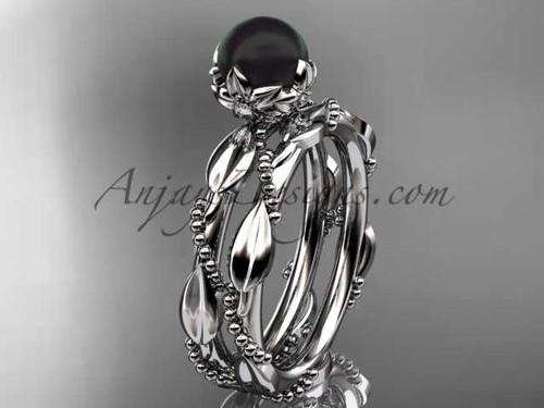 Unique Diamond Black Pearl Wedding Set Ring 14kt White Gold Wedding Ring ABP178S