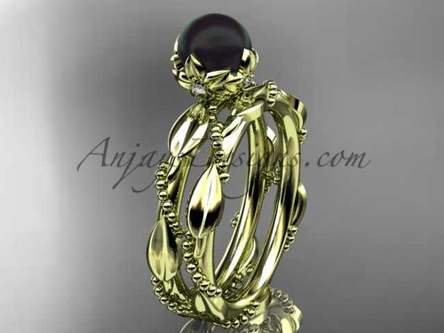 Unique Diamond Black Pearl Wedding Set Ring 14kt Yellow Gold Wedding Ring ABP178S