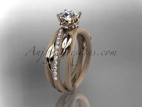 14kt rose gold diamond leaf and vine wedding ring,engagement ring with a "Forever One" Moissanite center stone ADLR329