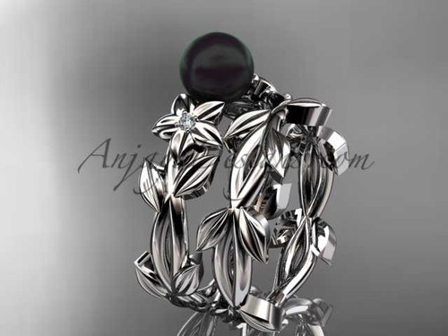 Tahitian Black Pearl Wedding Ring Sets 14kt White Gold Flower Ring ABP424S