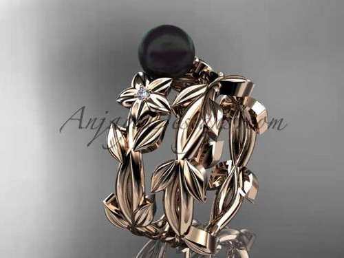 Tahitian Black Pearl Wedding Ring Sets 14kt Rose Gold Flower Ring ABP424S