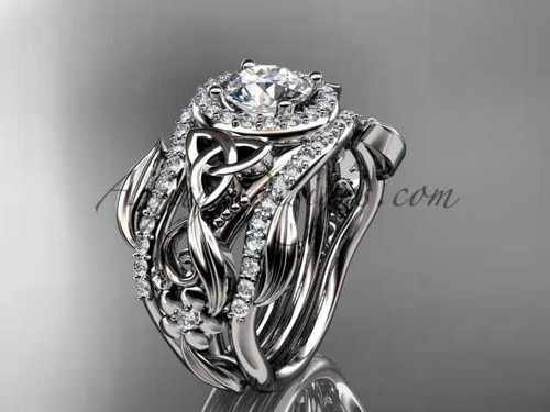 Celtic Two Band Engagement Ring for Women 14kt White Gold Diamond Celtic Trinity Knot Bridal Set CT7300S
