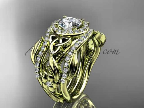 Moissanite Two Band Engagement Ring for Women 14kt Yellow Gold Diamond Celtic Trinity Knot Bridal Set CT7300S