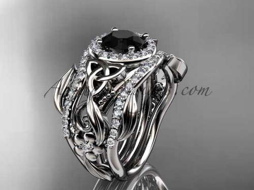 Double Band Black Diamond Ring for Women 14kt White Gold Diamond Celtic Trinity Knot wedding ring Set CT7300S