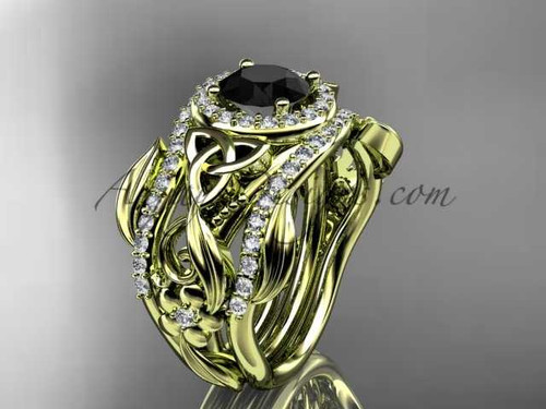 Double Band Black Diamond Ring for Women 14kt Yellow Gold Diamond Celtic Trinity Knot wedding ring Set CT7300S