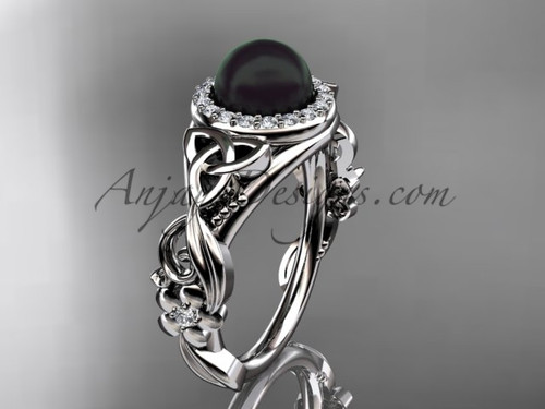 Black Pearl Diamond Rings White Gold Celtic Engagement Ring CTBP7300